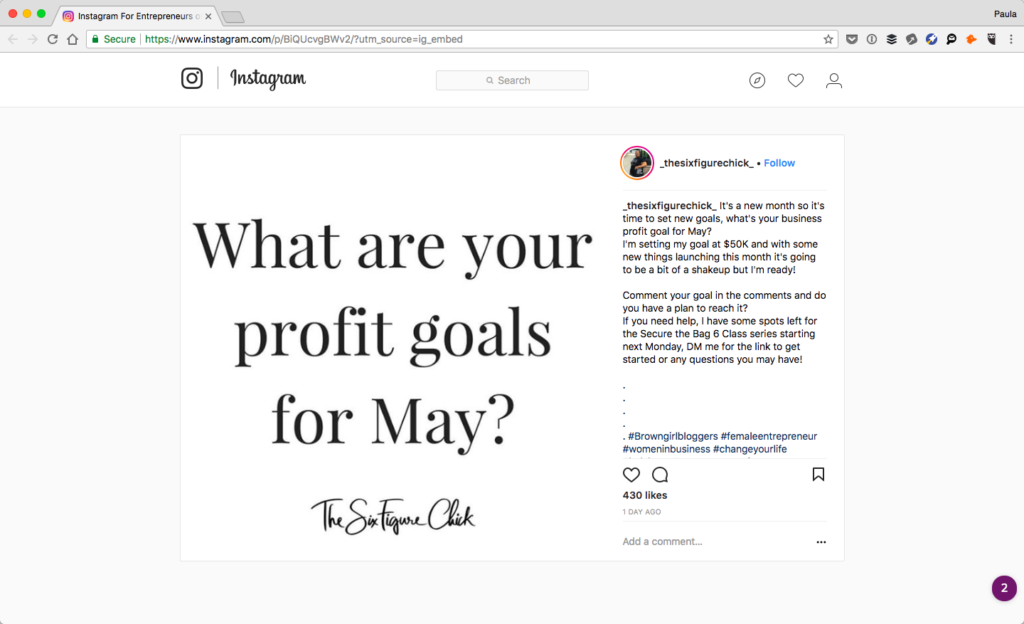 Screenshot of the Six Figure Chick's Instagram post